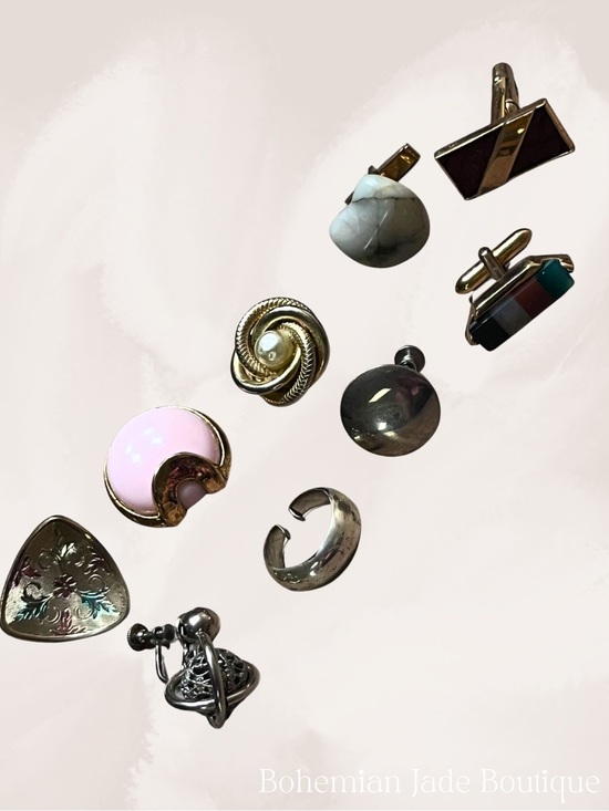 Vintage Jewelry - Vintage Mismatched Jewelry Lot 9 Pieces Clip-On Earrings Cufflinks Craft Repurpo